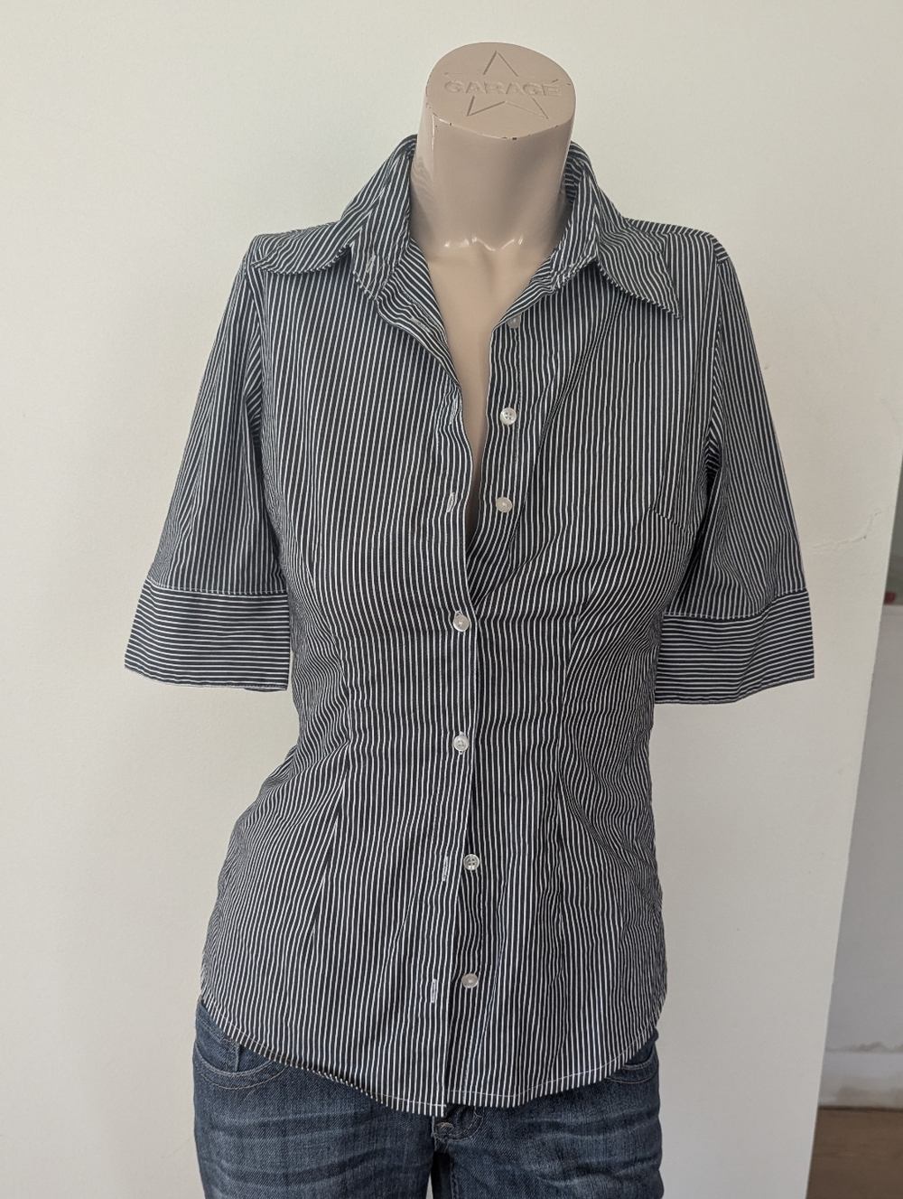 Simons Black & White Pinstripe Short Sleeve Button-Down Shirt
